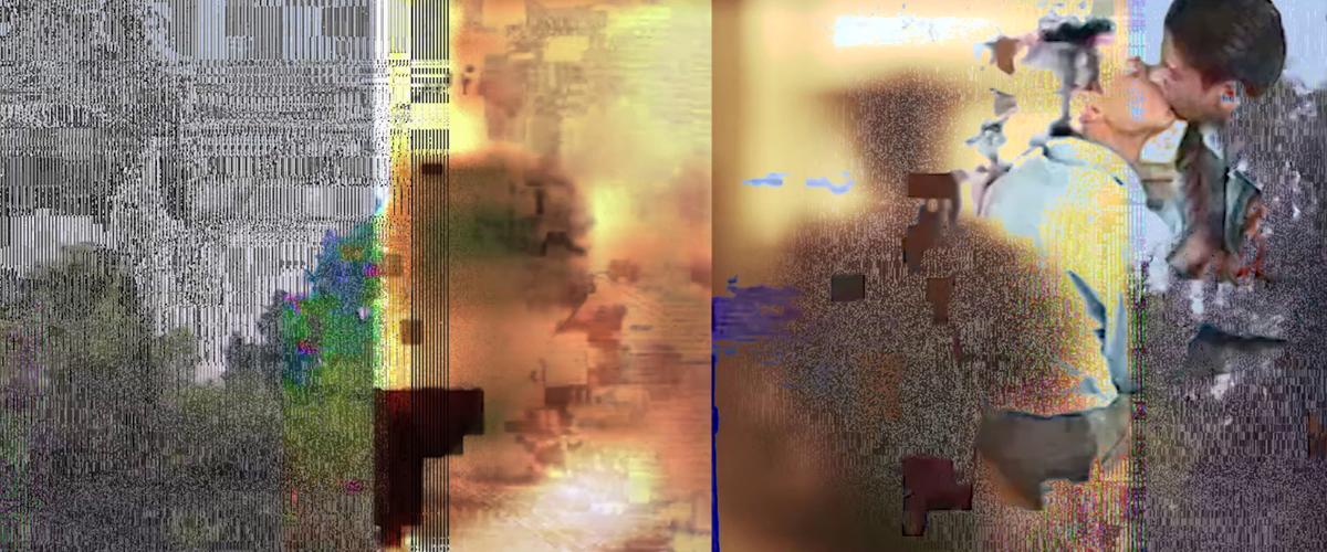 Collage mit digitalen Artefakten und leuchtenden Farben. Im Hintergrund zwei sich küssende Männer